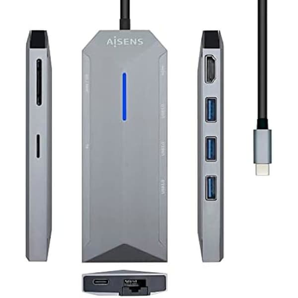 AISENS - USB-C DOCK 8 IN 1, USB-C A 1xHDMI, 1xRJ45, 3xUSB, 1xPD, 1xSD, 1xMICRO SD, GRÅ, 15CM
