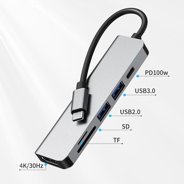 6-i-1 USB-C adapter med 100W PD, HDMI och kortläsare – bärbar och effektiv