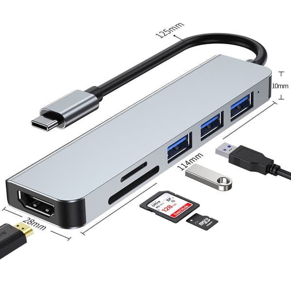 6-i-1 USB-C adapter med 100W PD, HDMI och kortläsare – bärbar och effektiv