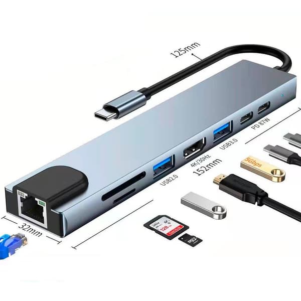 8-i-1 USB-C Hubb med HDMI, Ethernet och snabbladdning