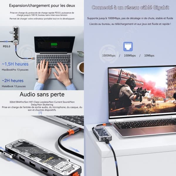 INN Dockningsstation 8 i 1 multi-interface hubb gigabit nätverksport förlustfri ljud TF/SD PD 100W kompatibel med flera system