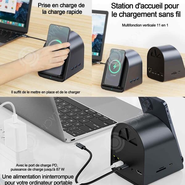 INN Dockningsstation 11 i 1 USB C-adapter med 15W trådlös laddning TYPE-C till HDMI+USB3.0x3+USB-C+RJ45 Gigabit+PD100W+AV