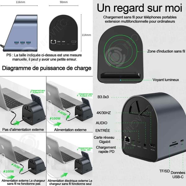 INN Dockningsstation 11 i 1 USB C-adapter med 15W trådlös laddning TYPE-C till HDMI+USB3.0x3+USB-C+RJ45 Gigabit+PD100W+AV