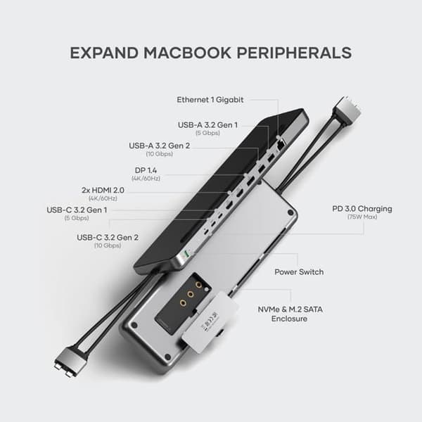 Dockningsstation - Satechi - Dual USB-C - NVMe SSD-hölje - 75W - Grå