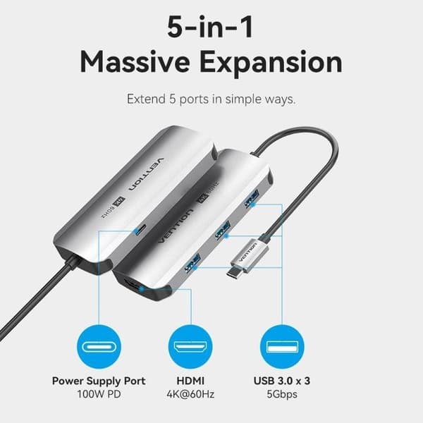 Vention 5-i-1 USB-C Hub till HDMI/USB 3.0 x3/PD Typ av aluminiumlegering grå 0,15M