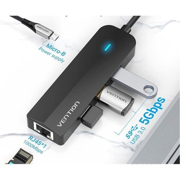 Vention 5-i-1 USB-C till 3x USB 3.0 / RJ45 Gigabit Ethernet-adapter / Micro-B HUB 0.15M Svart ABS Typ