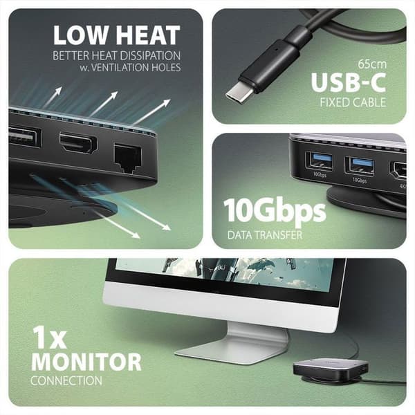 AXAGON HMC-UFO, Hub USB-C 10Gbps, 2x USB-A, USB-C, HDMI 4k/60Hz, RJ-45, SD/mSD, slot M.2, audio, PD