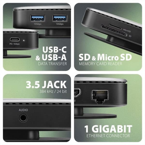 AXAGON HMC-UFO, Hub USB-C 10Gbps, 2x USB-A, USB-C, HDMI 4k/60Hz, RJ-45, SD/mSD, slot M.2, audio, PD