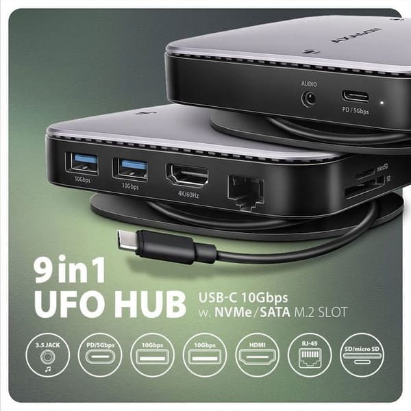 AXAGON HMC-UFO, Hub USB-C 10Gbps, 2x USB-A, USB-C, HDMI 4k/60Hz, RJ-45, SD/mSD, slot M.2, audio, PD