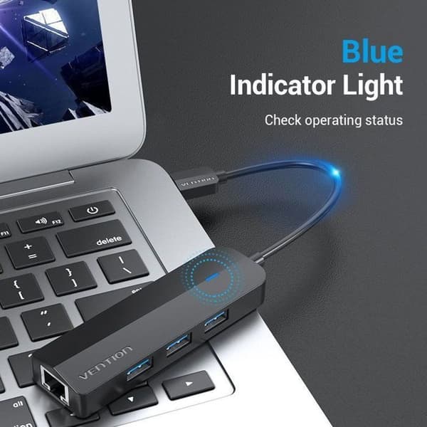 Vention 4-i-1 USB 3.0 till 3x USB 3.0 / Gigabit Ethernet-adapter 0.15M Svart