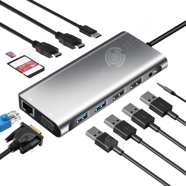 INN Mottagningsstation USB 3.0 12 i 1 HDMI 4K Gigabit Ethernet-port VGA PD-laddning Metallgehus Bra kompatibilitet