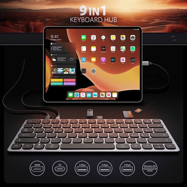 AXAGON HMC-KB-CS Hub tangentbord, USB-C 5Gbps, 3x USB-A, HDMI 4k/60Hz, SD/mSD, ljud, PD 100W