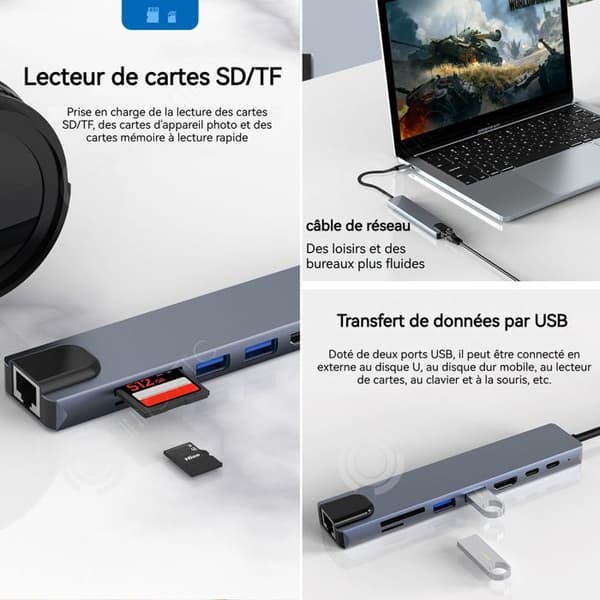 INN USB 3.0 Type-C 8-i-1 Hub Station RJ45 1000M HDMI 4K Snabbladdning PD 100W SD TF Läsfunktion Adapter