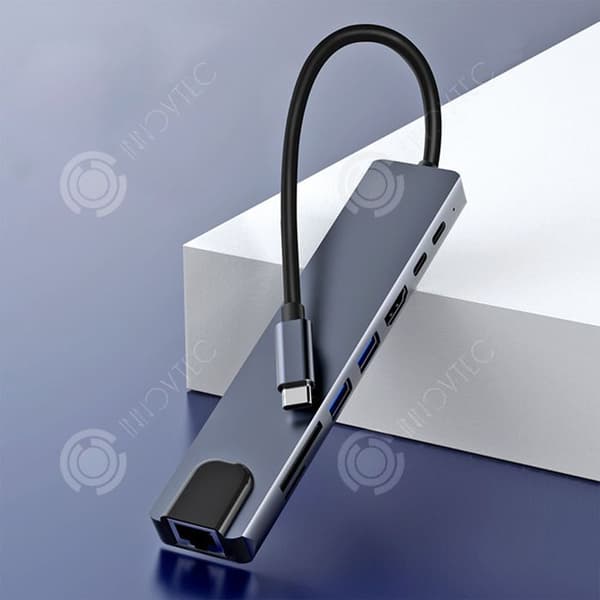 INN USB 3.0 Type-C 8-i-1 Hub Station RJ45 1000M HDMI 4K Snabbladdning PD 100W SD TF Läsfunktion Adapter