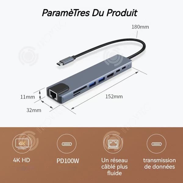 INN USB 3.0 Type-C 8-i-1 Hub Station RJ45 1000M HDMI 4K Snabbladdning PD 100W SD TF Läsfunktion Adapter