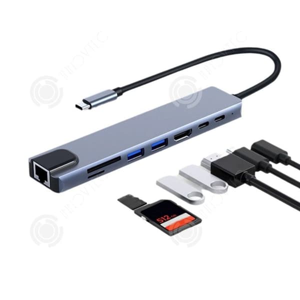 INN USB 3.0 Type-C 8-i-1 Hub Station RJ45 1000M HDMI 4K Snabbladdning PD 100W SD TF Läsfunktion Adapter