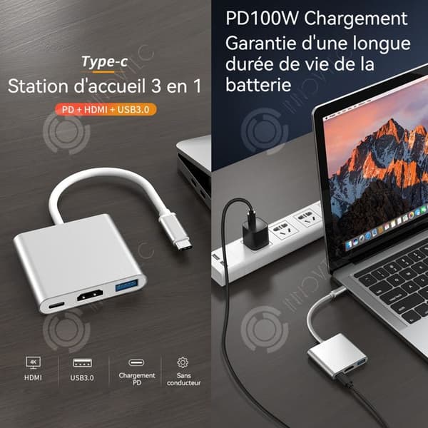 INN USB 3.0 Typ-C 3-i-1 HDMI 4K PD 100W Ingen drivrutin krävs Multifunktionell användning Hub-adapter