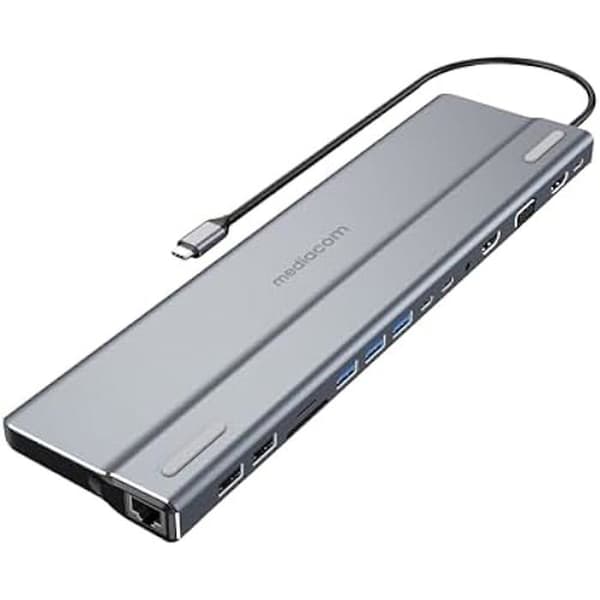 MEDIACOM USB-C Typ-C hub med 2 HDMI + LAN GigaBit + Kortläsare + 2 USB 3.1 + VGA + 2 USB 2.0 i Aluminium