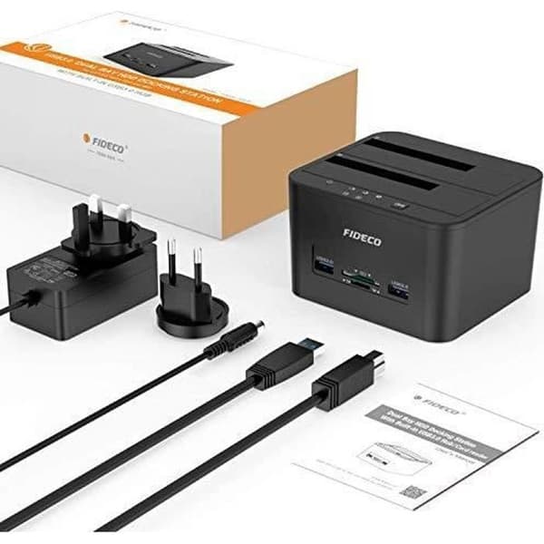 Dockningsstation, FIDECO Dockningsstation för 2 SATA USB 3.0-hårddiskar Klonfunktion 2,5 tum och 3,5 tum HD-hårddisk