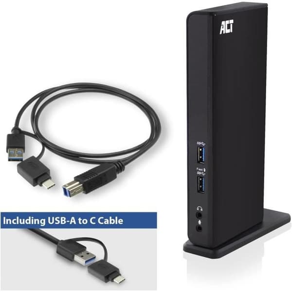 USB C-dock - ACT - AC7049 - 11 i 1 - 2 HDMI-portar - Gigabit Ethernet - Mikrofon och hörlurar