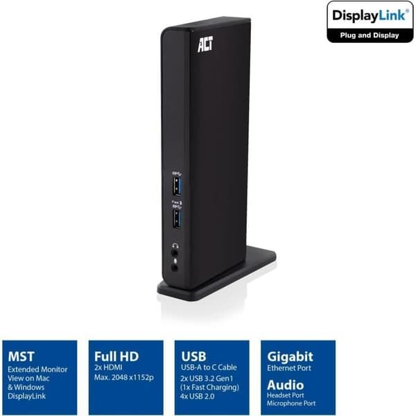 USB C-dock - ACT - AC7049 - 11 i 1 - 2 HDMI-portar - Gigabit Ethernet - Mikrofon och hörlurar