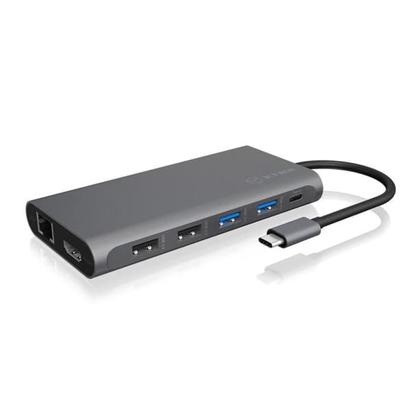 ICY BOX USB-C Dockningsstation med 2 HDMI-portar, 1 DisplayPort 1.4, 100 W strömförsörjning, 4 USB-portar, Läsare av
