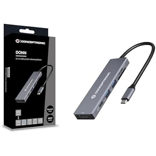 6 i 1 USB-C dockningsstation - CONCEPTRONIC - DONN23G - 4K 60 Hz HDMI - USB PD 100 W - SD/TF