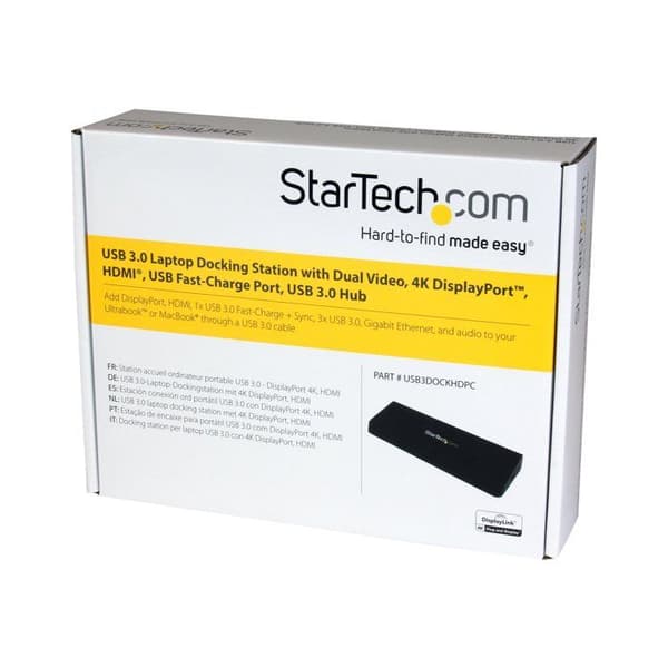 USB 3.0 dockningsstation - STARTECH.COM - DisplayPort 4K - 2 videoutgångar HDMI/DP - GbE-port - Svart