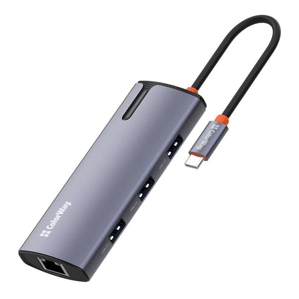 Dockningsstation, USB, Typ-C, RJ45, 5A, kabel 0,17 m - ColorWay (CW-HUB03) - Silver