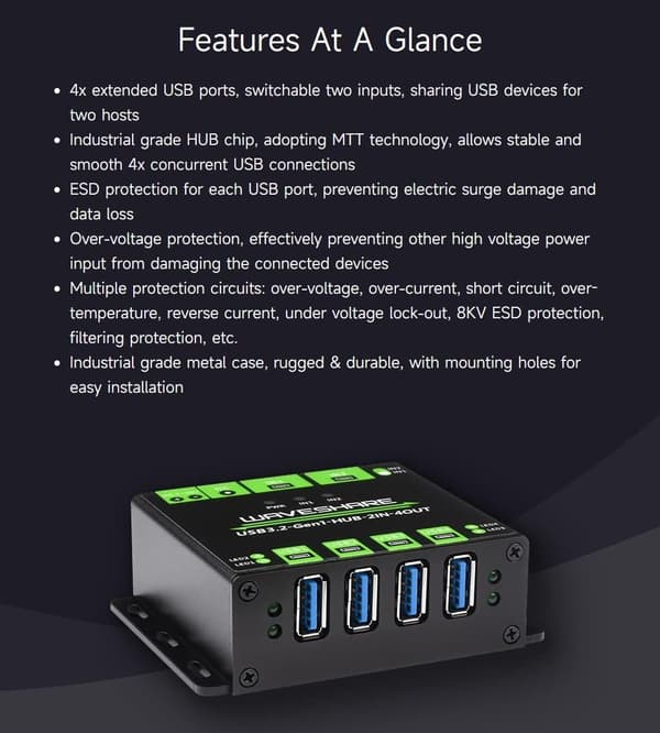 Industriel USB HUB til 2 computere til 4 USB 3.2-porte, skiftbar, monterbar, kompatibel med Windows Linux Mac