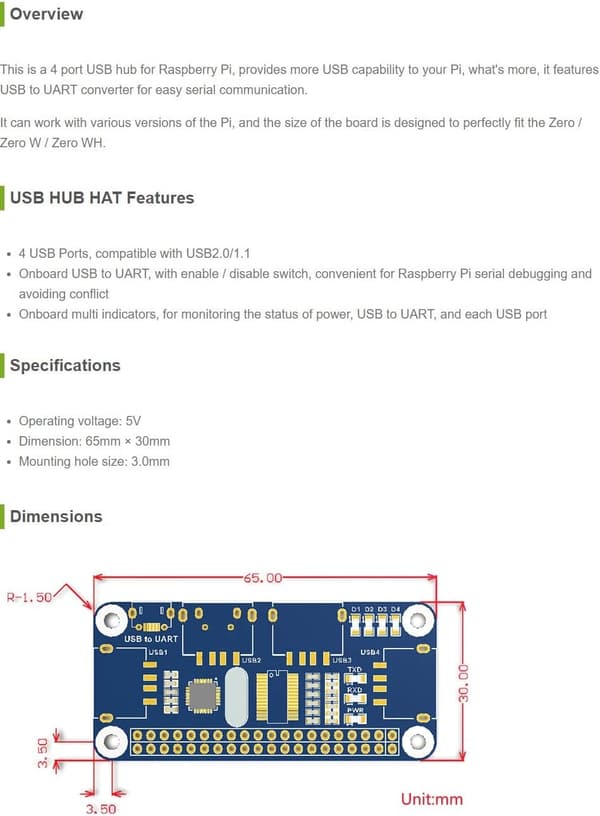 USB HUB HAT med 4 porter for Raspberry Pi Zero/A+/B/B+/2/3 – Støtter USB-A og seriell feilsøking via USB til UART