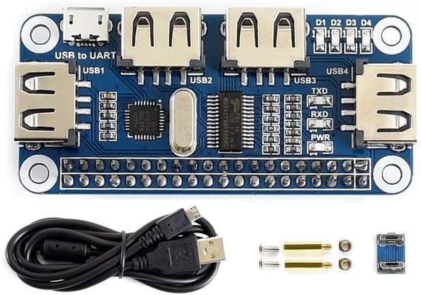USB HUB HAT med 4 porter for Raspberry Pi Zero/A+/B/B+/2/3 – Støtter USB-A og seriell feilsøking via USB til UART