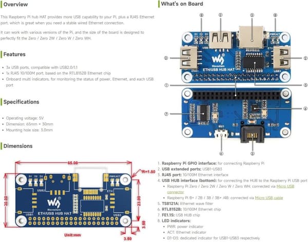 Waveshare Ethernet/USB HUB HAT for Raspberry Pi with 1x RJ45 Ethernet Port and 3X USB Ports Compatible with USB 2.0/1.1 Fits The Zero/Zero W/Zero WH