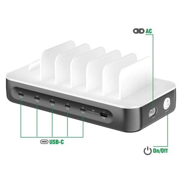Laddstation 100W Multiport 5 USB-C + USB och 6 kablar ingår 4smarts Grå