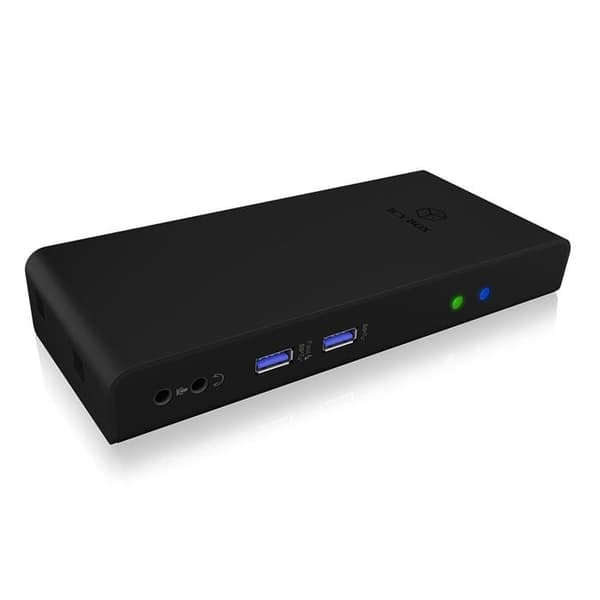 ICY BOX USB 3.0 &amp; USB-C dockningsstation med 2 HDMI, 6-vägs USB-hubb, LAN, ljud, med stativ, svart