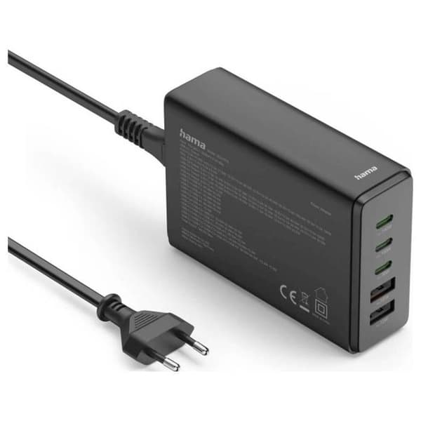 Hama USB-laddningsstation 5 portar, GaN, snabbladdare, 3xUSB-C, 2xUSB-A, PD, 140 W USB-laddningsstation 140 W svart