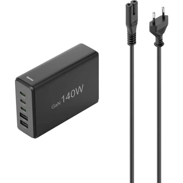 Hama USB-laddningsstation 5 portar, GaN, snabbladdare, 3xUSB-C, 2xUSB-A, PD, 140 W USB-laddningsstation 140 W svart