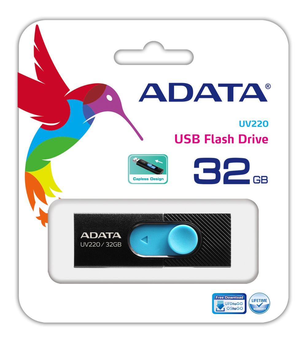 ADATA 32GB UV220 USB 3.0. Black/Blue DashDrive - USB Flash Drives Backward compatible with USB 2.0