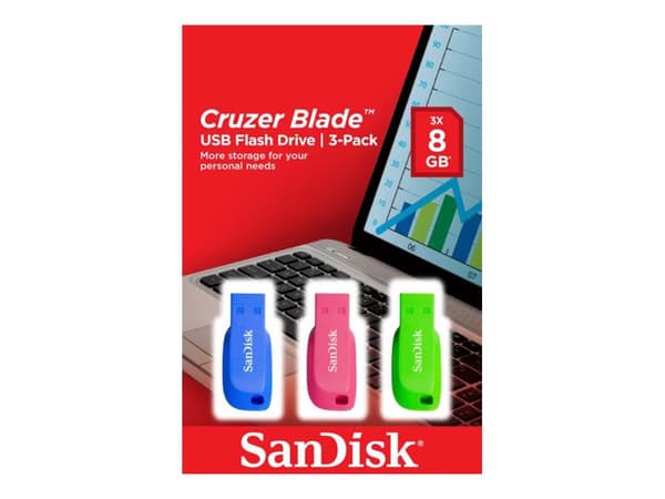 SanDisk Cruzer Blade - USB flash-enhet - 32 GB - USB 2.0 - blå, grön, rosa (paket om 3)