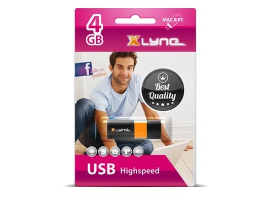 xlyne Wave, 4 GB, USB A-tyyppi, 2.0, 8 MB/s, Suojus, Musta, Oranssi