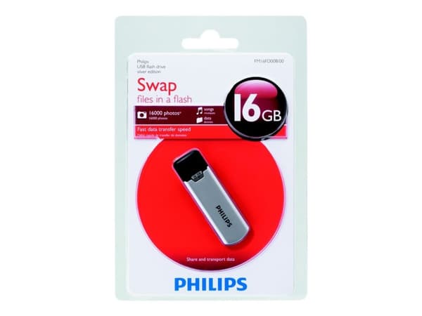 Philips USB Flash -asema FM16FD00B/00, 16 GB, USB A-tyyppi, 2.0, 16 MB/s, Suojus, Musta, Hopea