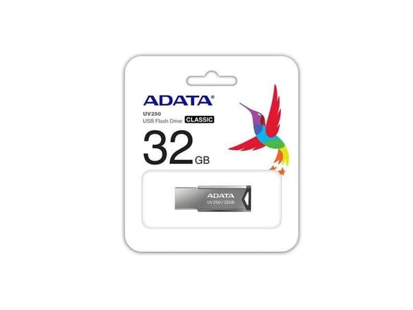 ADATA UV250, 32 GB, USB A-tyyppi, 2.0, Ilman suojusta, 5,6 g, Hopea