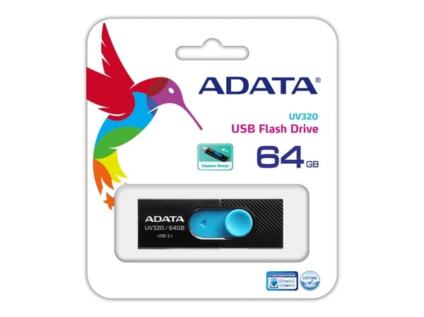 ADATA UV320, 64 GB, USB A-tyyppi, 3.2 Gen 1 (3.1 Gen 1), Liuku, 7,9 g, Musta, Sininen