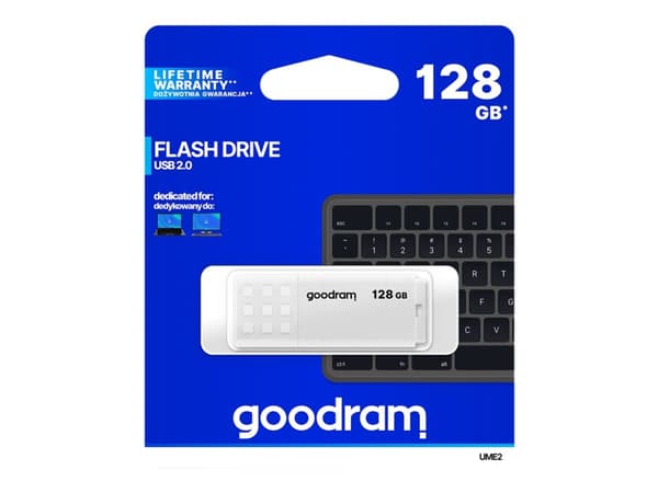 Goodram UME2, 128 GB, USB A-tyyppi, 2.0, 20 MB/s, Suojus, Valkoinen