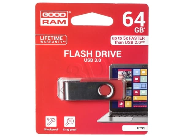 Goodram UTS3, 64 GB, USB Type-A, 3.2 Gen 1 (3.1 Gen 1), 60 MB/s, Svivel, Rød