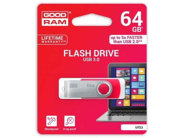 Goodram UTS3, 64 GB, USB Type-A, 3.2 Gen 1 (3.1 Gen 1), 60 MB/s, Svivel, Rød
