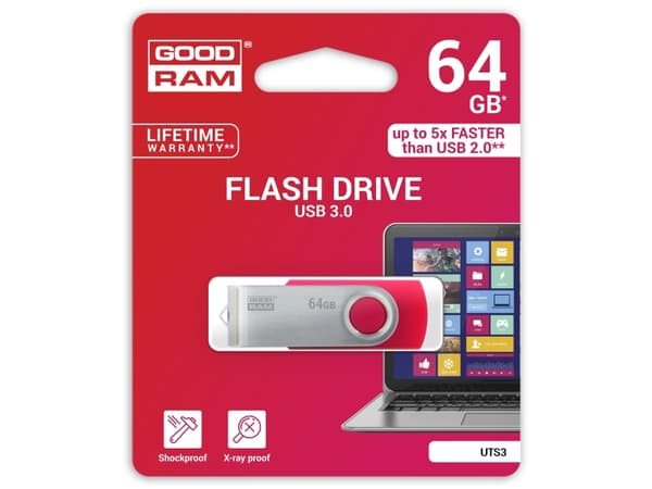 Goodram UTS3, 64 GB, USB Type-A, 3.2 Gen 1 (3.1 Gen 1), 60 MB/s, Svivel, Rød Rød