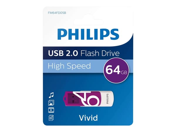 Philips FM64FD05B, 64 GB, USB A-tyyppi, 2.0, Taittuva, 8 g, Purppura, Valkoinen