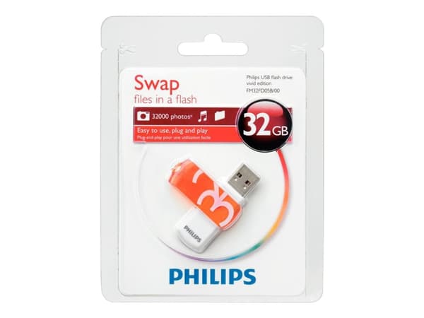 Philips FM32FD05B 32 Gt:n Vivid edition USB Flash -asema, 32 GB, USB A-tyyppi, 2.0, 18 MB/s, Suojus, Oranssi, Valkoinen