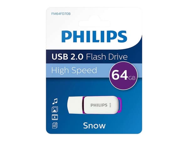 Philips FM64FD70B, 64 GB, USB A-tyyppi, 2.0, Suojus, 8 g, Purppura, Valkoinen